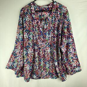 Notations Blouse Women's 3X Split Button Neck Pleated Roll Tab Sleeve Peasant